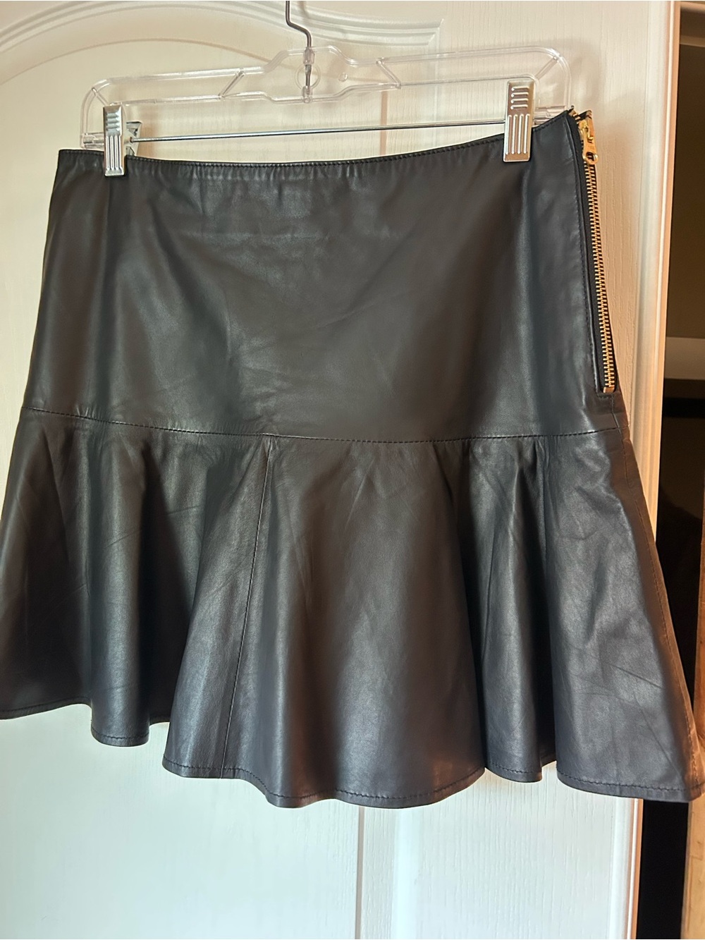 Black Leather Ruffle-Hem Skirt
